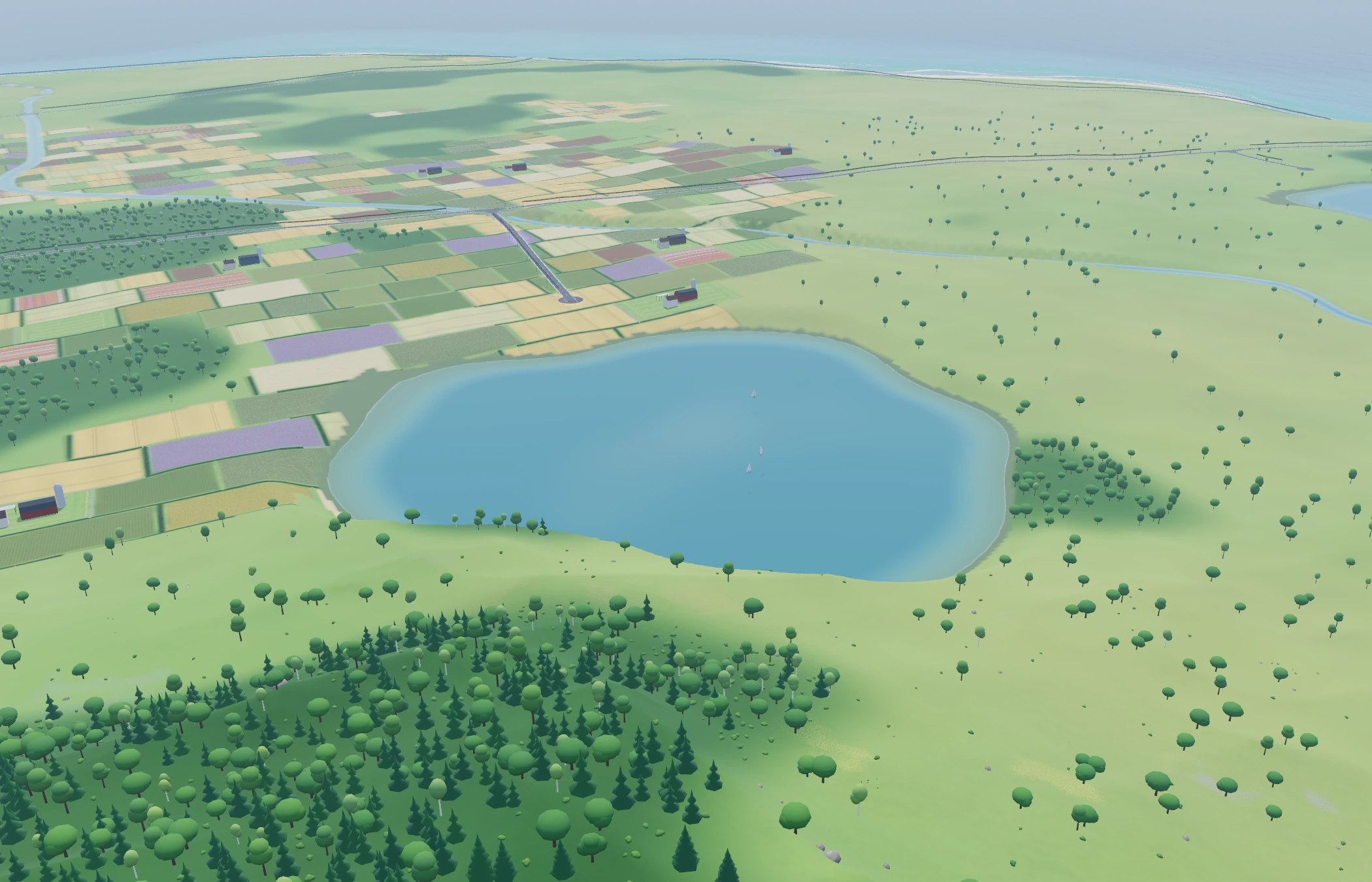 Actual lake, farmland and island countryside