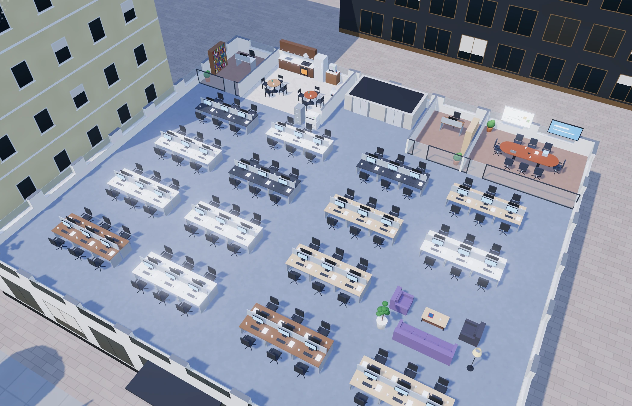 Office desks and rooms in the actual world