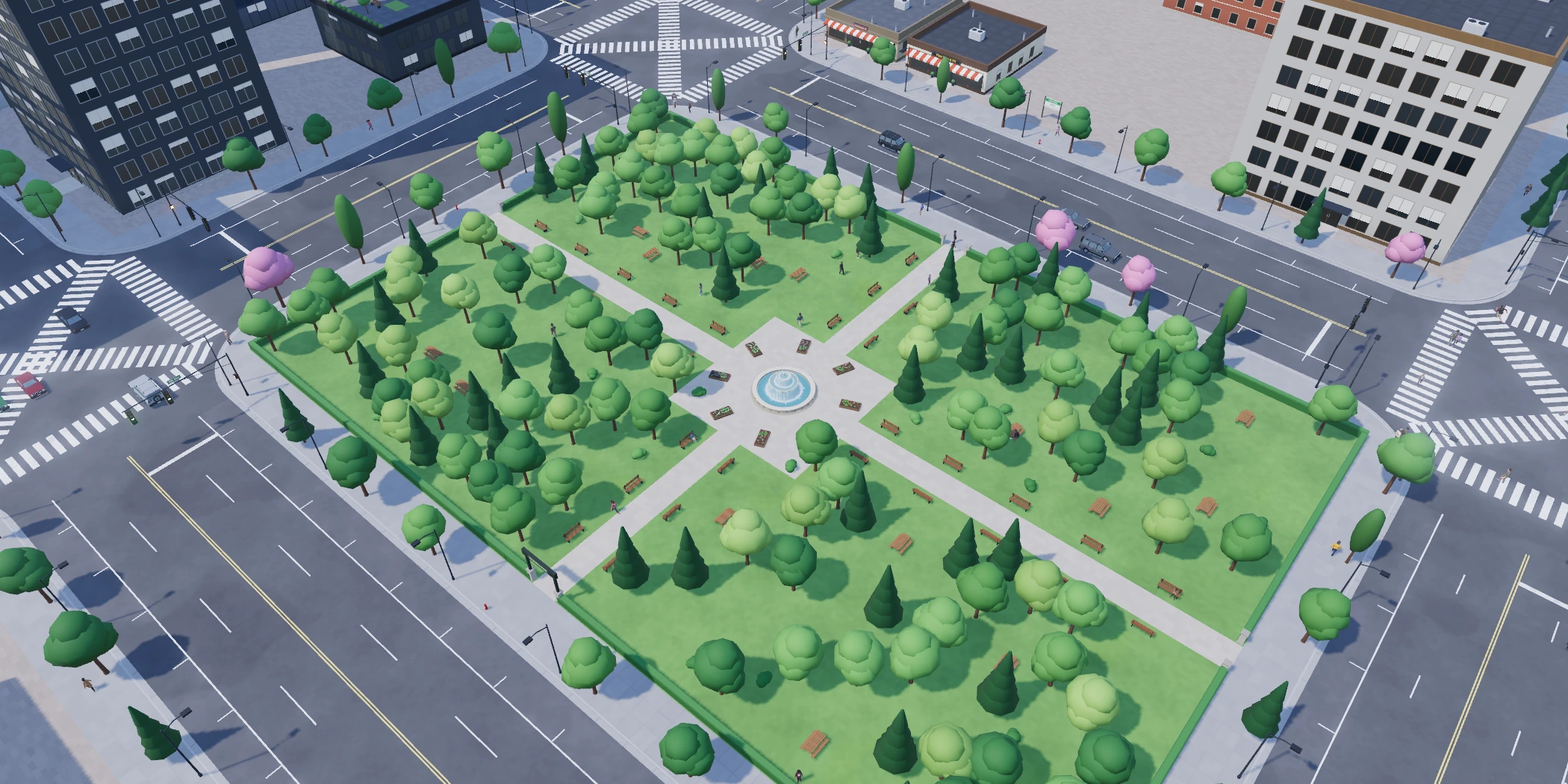 Actual world park, fountain, paths and simulated residents
