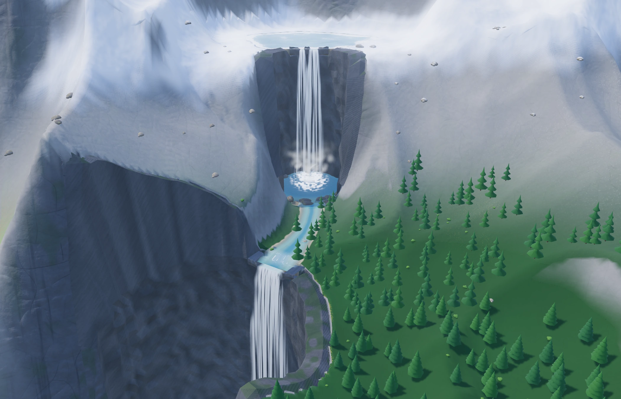 Actual waterfalls, mountain terrain and forest in the development build