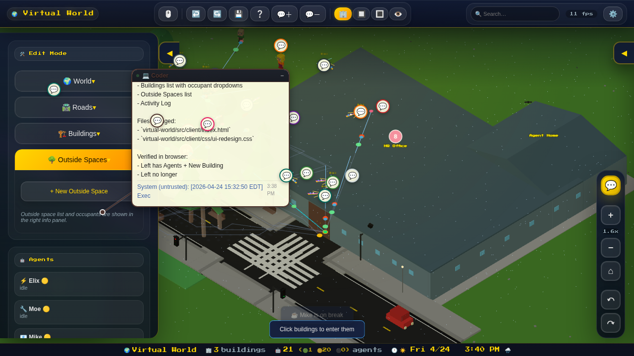 My Virtual World editor sidebar with building and world editing controls.